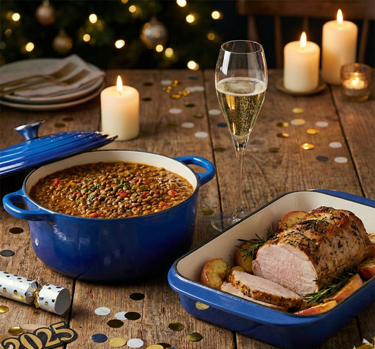 Pack Cena de Fin de Año: Brindis & Sabor Ferél (Olla 3L + Asadera Rectangular + 6 Copas Champagne Monte Carlo)