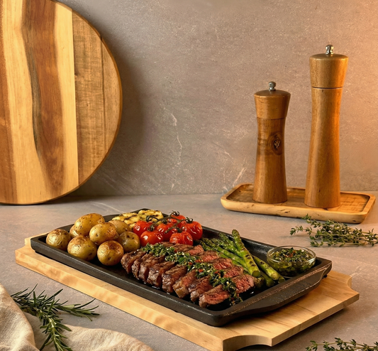 Plato / Bandeja Hierro Fundido Rectangular Con Base Madera 20X11.4X1.6 Cm