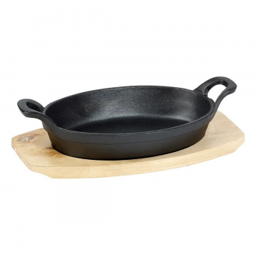 Sarten Hierro Fundido Ovalado Con Base Madera 27.6X15.2X4.5 Cm
