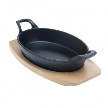 Sarten Hierro Fundido Ovalado Con Base Madera 20X10X3 Cm